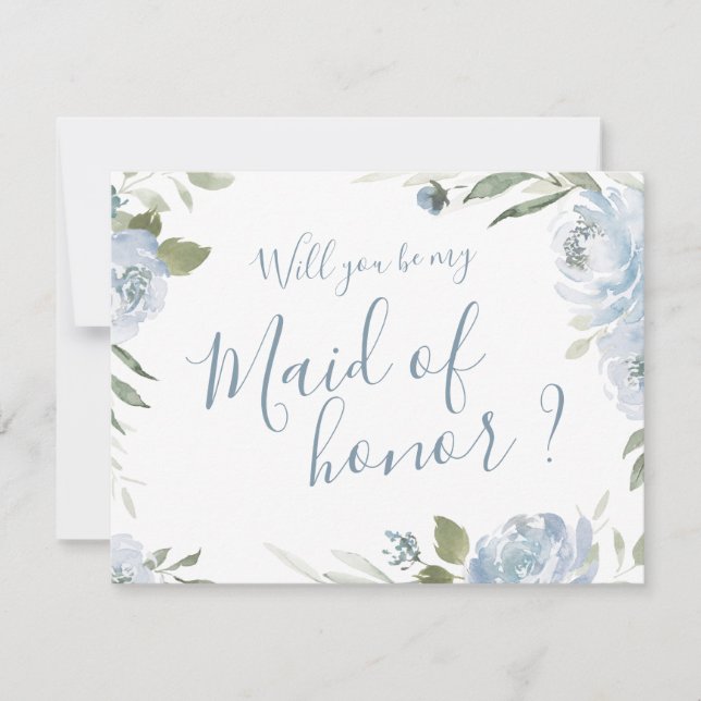 Invitación Serás mi criada de honor azul polvoriento floral (Anverso)
