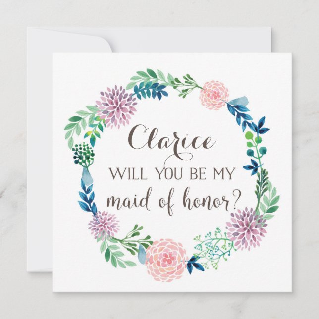 Invitación Serás mi criada de honor, flores, acuarela (Anverso)