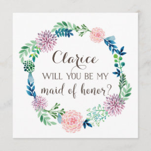 Invitación Serás mi criada de honor, flores, acuarela