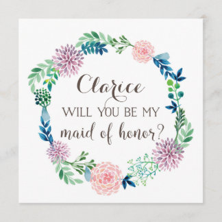 Invitación Serás mi criada de honor, flores, acuarela