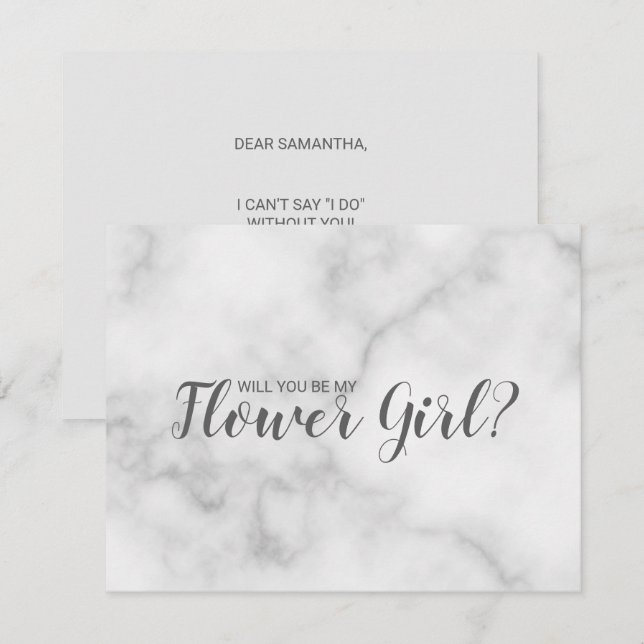 Invitación ¿Serás mi dama de flores? Elegante guión de mármol (Anverso / Reverso)