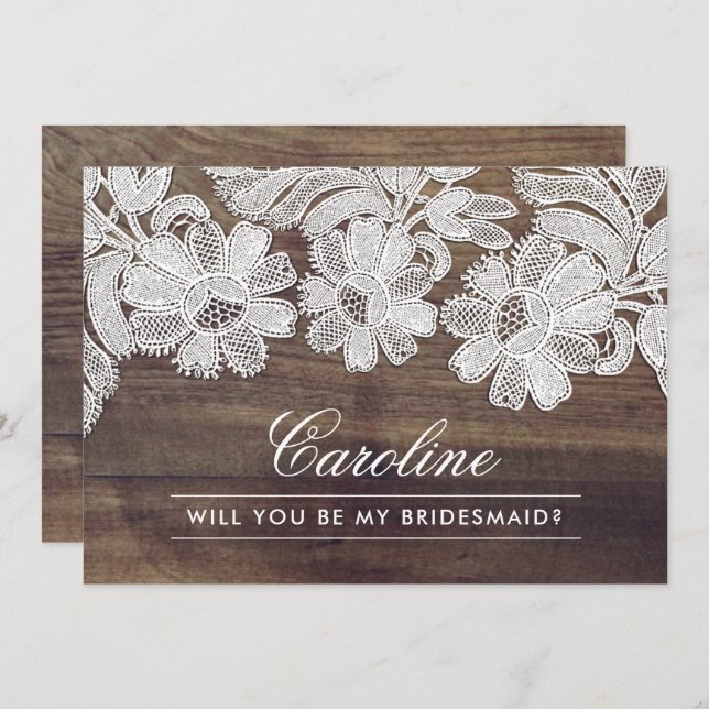 Invitación ¿Serás mi dama de honor? Barn Wood White Lace (Anverso / Reverso)