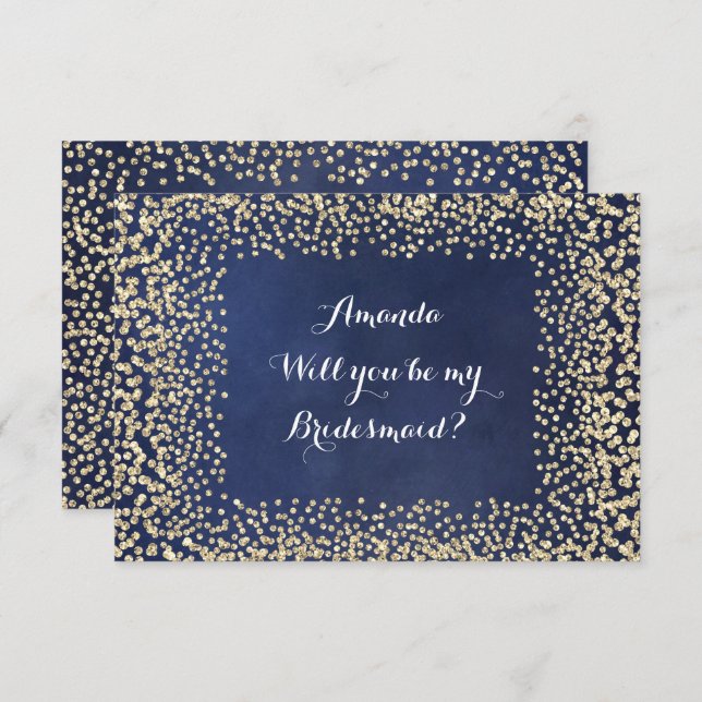 Invitación ¿Serás mi dama de honor Blue NavyGold Confetti? (Anverso / Reverso)