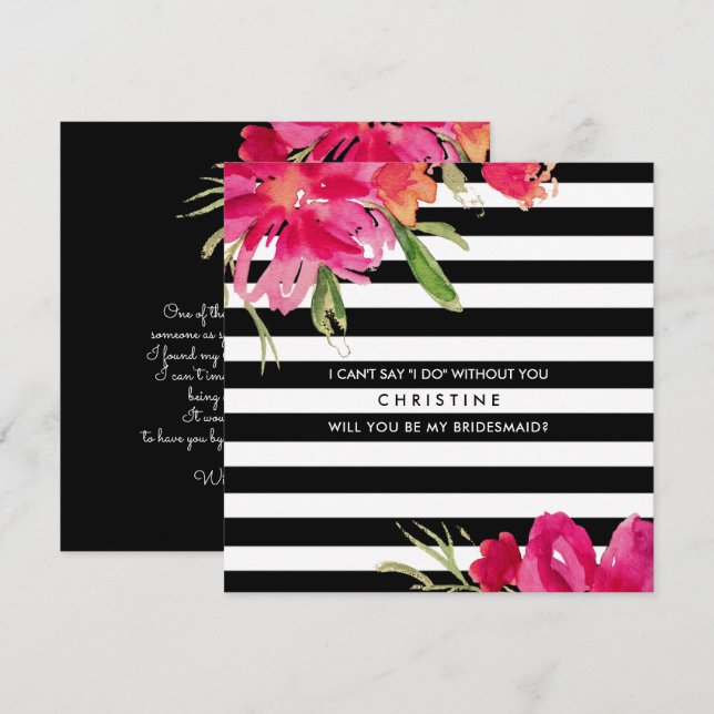 Invitación ¿Serás mi dama de honor? Floral negra de Fuchsia (Anverso / Reverso)