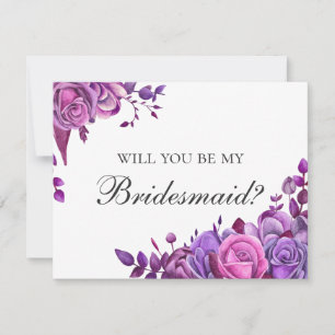 Invitación Serás mi dama de honor. Flores rosadas y violetas