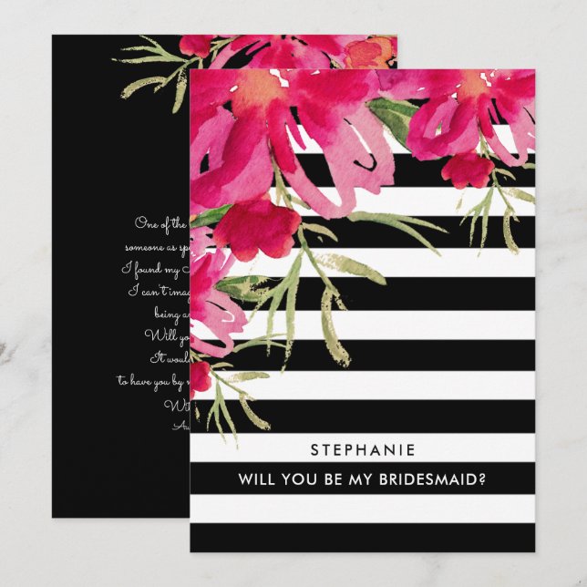 Invitación ¿Serás mi dama de honor? Fuchsia Floral (Anverso / Reverso)