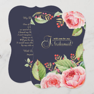 Invitación ¿Serás mi dama de honor Jr.? Floral azul de la mar