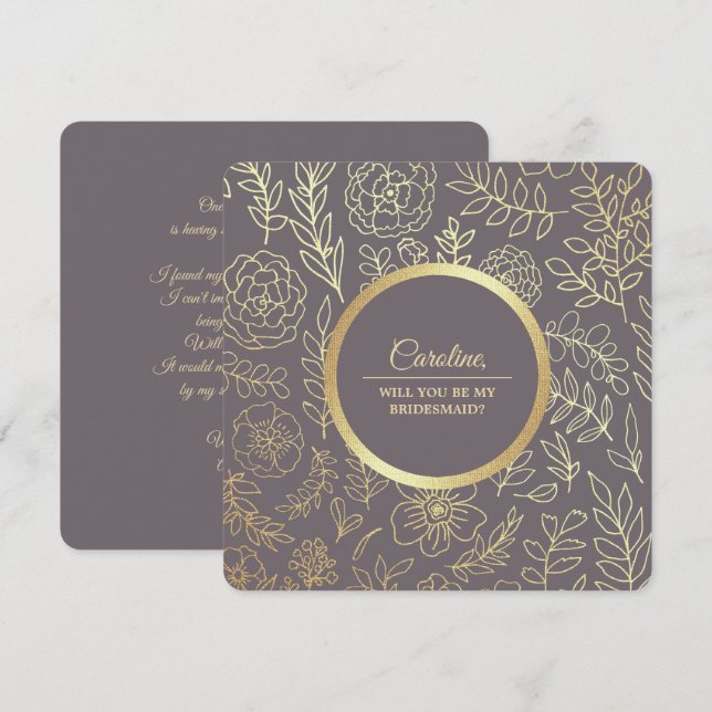 Invitación ¿Serás mi dama de honor? Mocha Gold Floral (Anverso / Reverso)