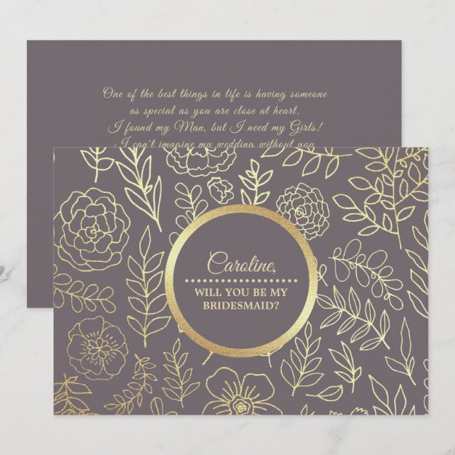 Invitación ¿Serás mi dama de honor? Mocha Gold Floral (Anverso / Reverso)