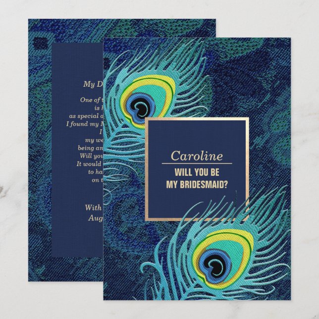 Invitación ¿Serás mi dama de honor? Peacock Feather (Anverso / Reverso)