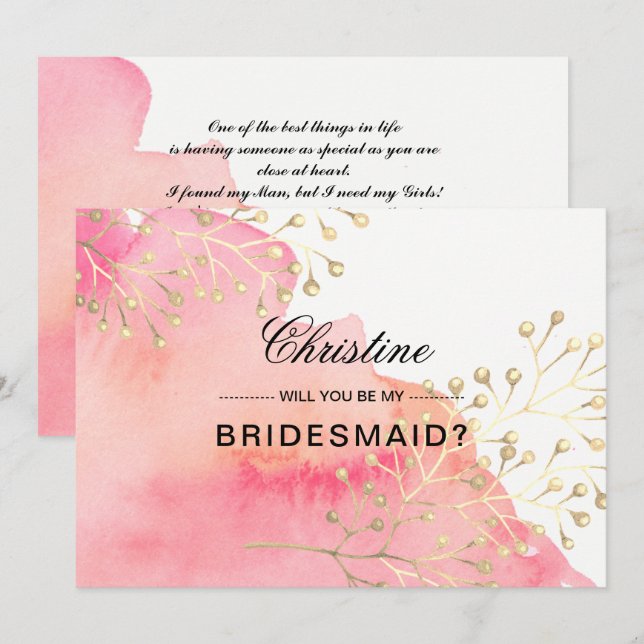 Invitación ¿Serás mi dama de honor? Rosa | Acuarela De Peach (Anverso / Reverso)