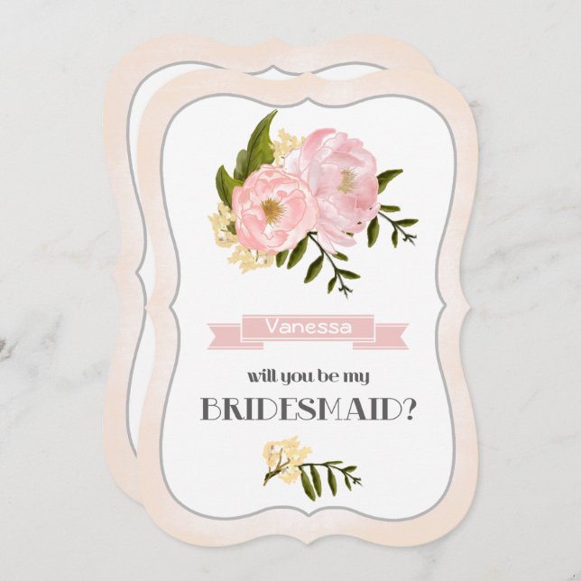 Invitación ¿Serás mi dama de honor? Rubor Pink Peonies (Anverso / Reverso)