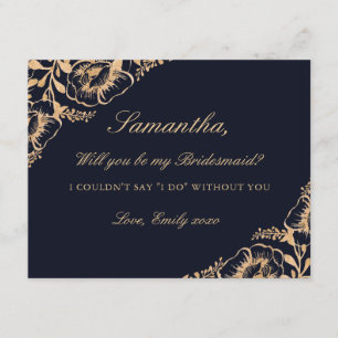 Invitación ¿Serás mi Dama de Honor Vintage Gold Navy Floral