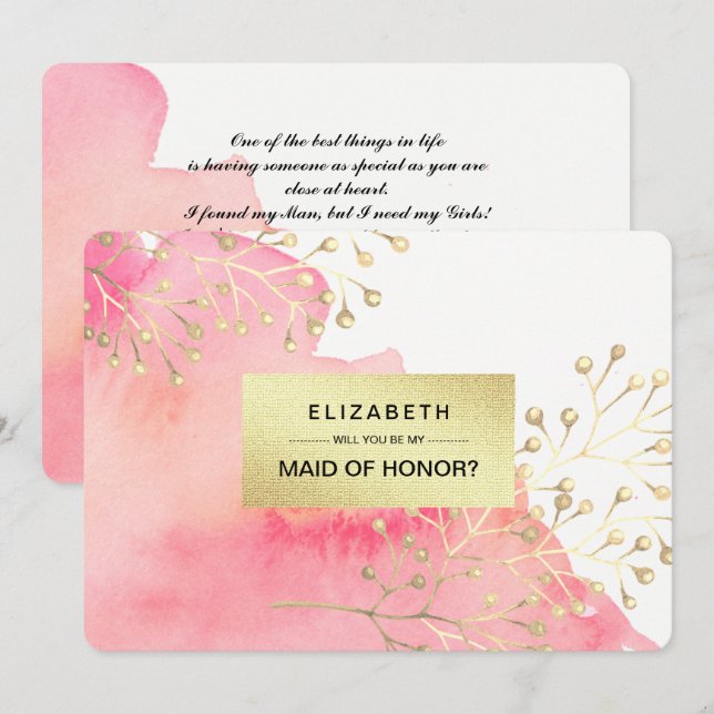 Invitación ¿Serás mi empleada de honor? Acuarela rosa (Anverso / Reverso)