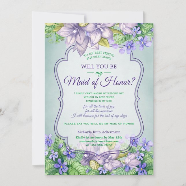 Invitación ¿Serás mi empleada de honor Boda Lilac Violets? (Anverso)