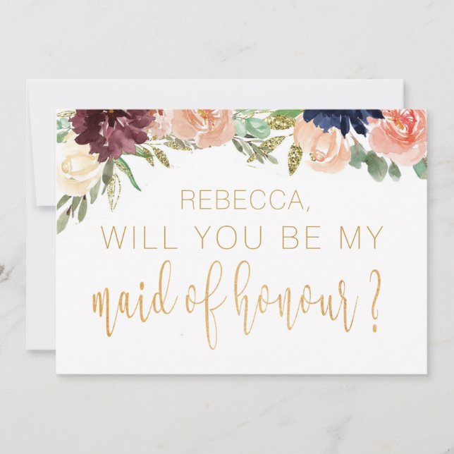 Invitación ¿Serás Mi Empleada De Honor Burgundy Floral? (Anverso)