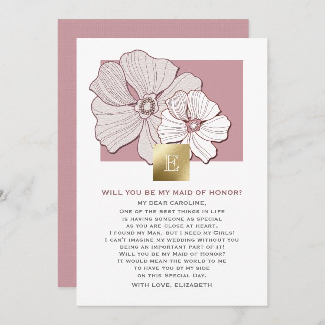 Invitación ¿Serás mi empleada de honor? Dusty Rosa Floral (Anverso / Reverso)