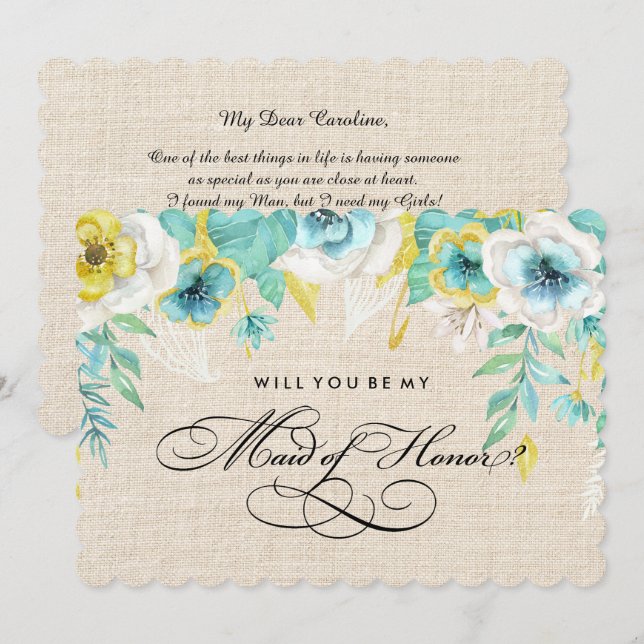 Invitación ¿Serás mi empleada de honor? Flora acuarela (Anverso / Reverso)