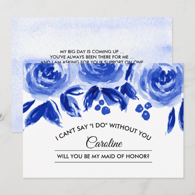 Invitación ¿Serás mi empleada de honor? Flora azul real (Anverso / Reverso)