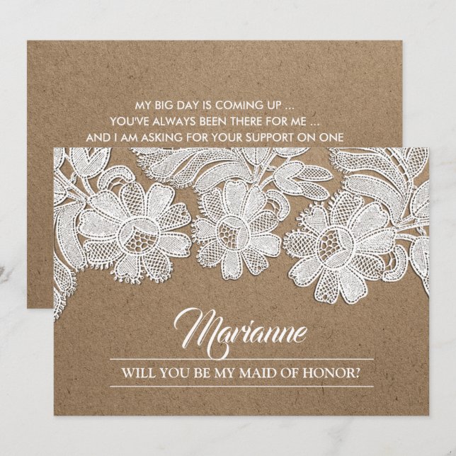 Invitación ¿Serás mi empleada de honor? Flores de encaje blan (Anverso / Reverso)