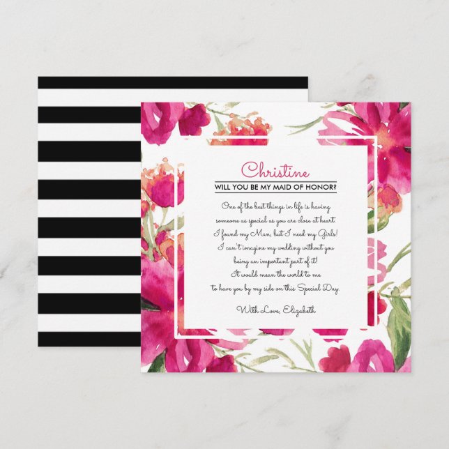 Invitación ¿Serás mi empleada de honor? Fuchsia Floral  (Anverso / Reverso)