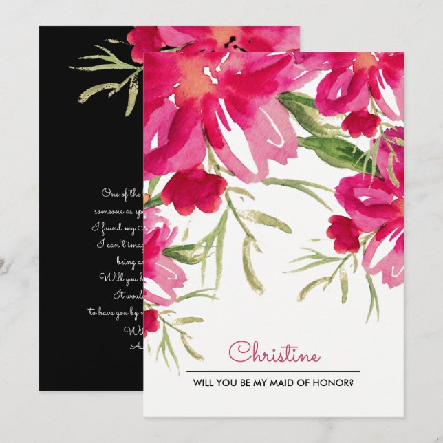 Invitación ¿Serás mi empleada de honor? Fuchsia Floral (Anverso / Reverso)