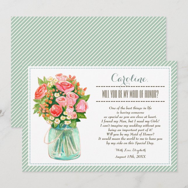 Invitación ¿Serás mi empleada de honor? Mason Jar Floral (Anverso / Reverso)