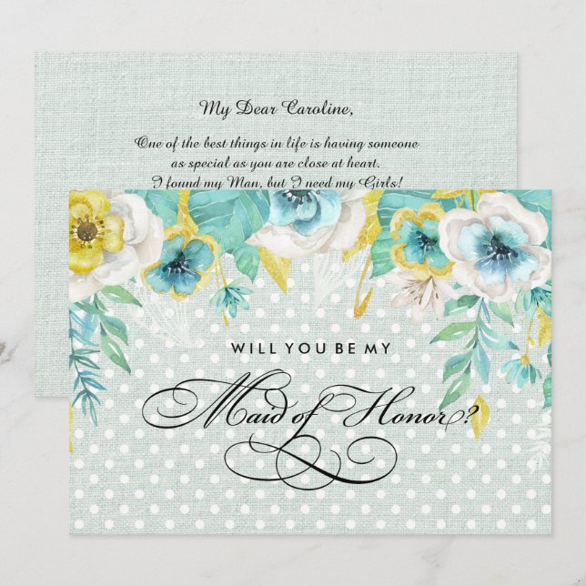 Invitación ¿Serás mi empleada de honor? Mint Floral Burlap (Anverso / Reverso)
