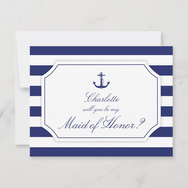 Invitación ¿Serás mi empleada de honor Nautical Anchor Blue? (Anverso)