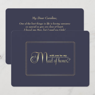 Invitación ¿Serás mi empleada de honor? Oro azul marino