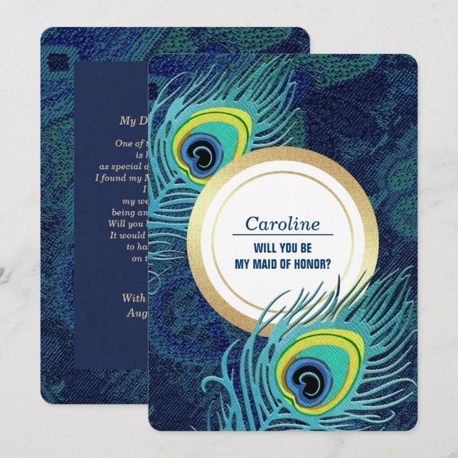 Invitación ¿Serás mi empleada de honor? Peacock Feather (Anverso / Reverso)