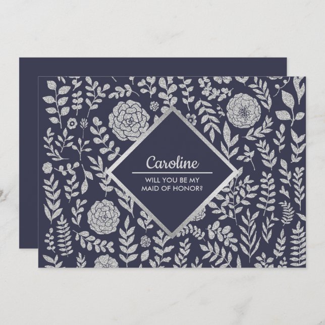 Invitación ¿Serás mi empleada de honor? Plata azul marina (Anverso / Reverso)