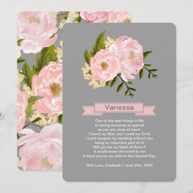 Invitación ¿Serás mi empleada de honor? Rubor Pink Peonies (Anverso / Reverso)