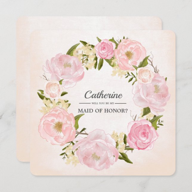 Invitación ¿Serás mi empleada de honor? Rubor Pink Peonies (Anverso / Reverso)