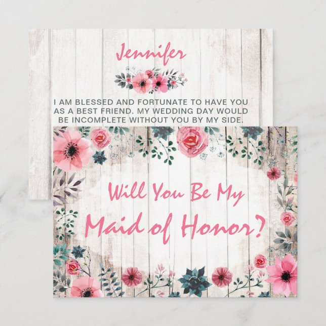 Invitación ¿Serás Mi Empleada De Honor Rústico Boda Floral? (Anverso / Reverso)