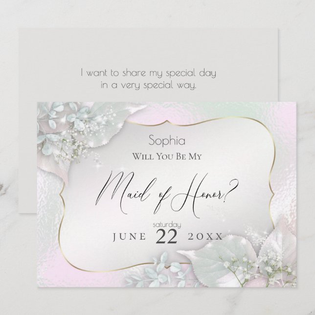 Invitación ¿Serás mi empleada de honor Wispy Pink Shimmer? (Anverso / Reverso)