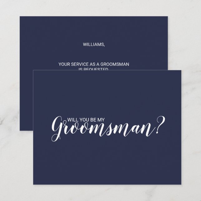Invitación ¿Serás Mi Groomsman? Azul de la Marina de Script M (Anverso / Reverso)
