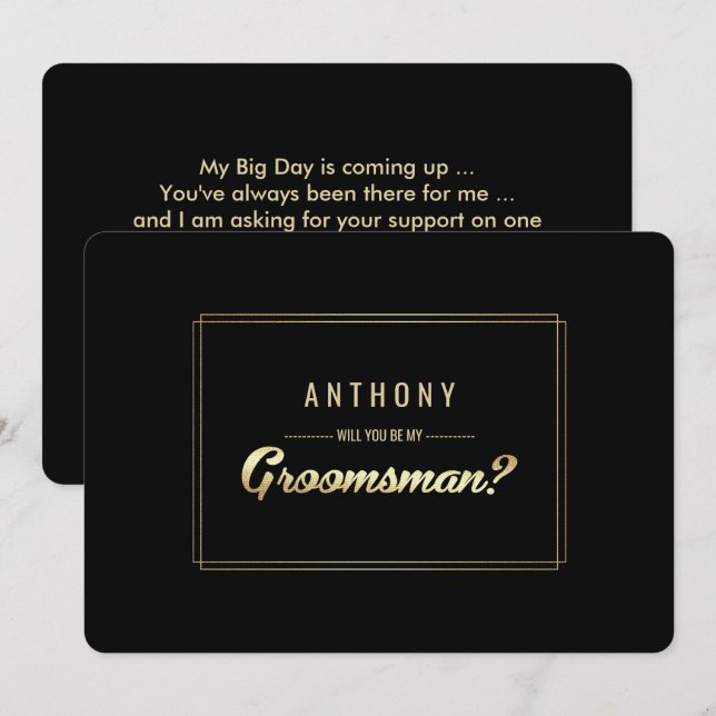 Invitación ¿Serás mi Groomsman? Boda de oro negro (Anverso / Reverso)