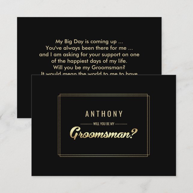 Invitación ¿Serás mi Groomsman? Boda de oro negro (Anverso / Reverso)