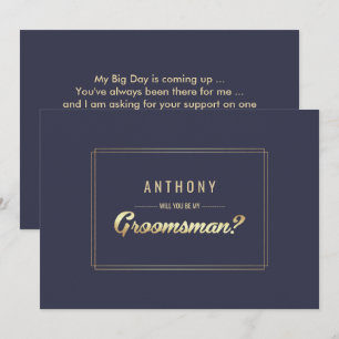 Invitación ¿Serás mi Groomsman? Boda Navy Blue Gold