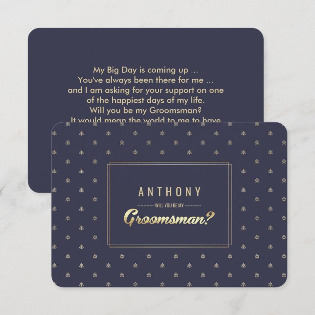 Invitación ¿Serás mi Groomsman? Boda Navy Blue Gold (Anverso / Reverso)