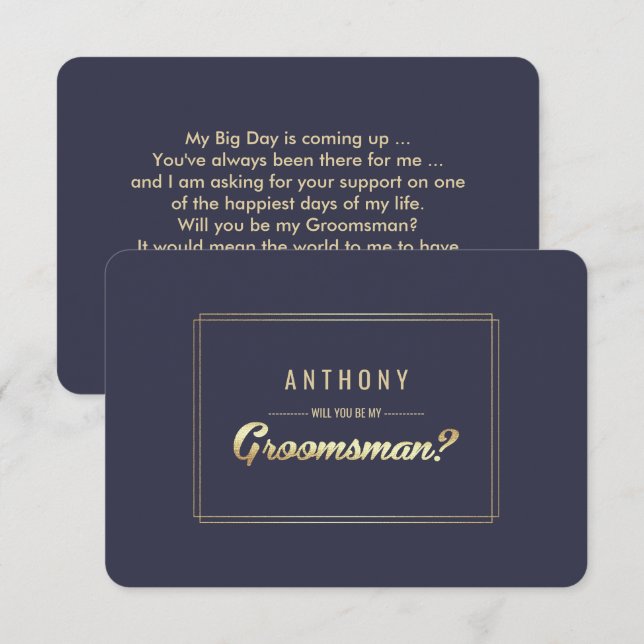 Invitación ¿Serás mi Groomsman? Boda Navy Blue Gold (Anverso / Reverso)