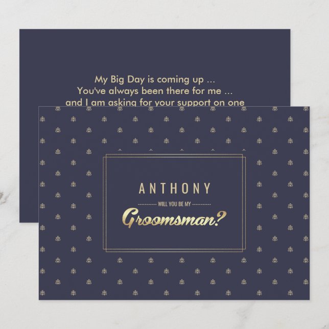 Invitación ¿Serás mi Groomsman? Boda Navy Blue Gold (Anverso / Reverso)
