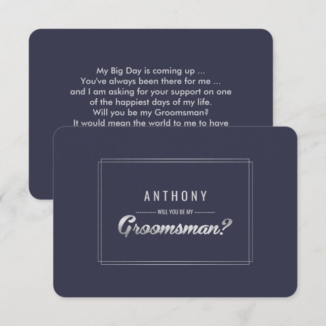 Invitación ¿Serás mi Groomsman? Boda Navy Blue Silver (Anverso / Reverso)