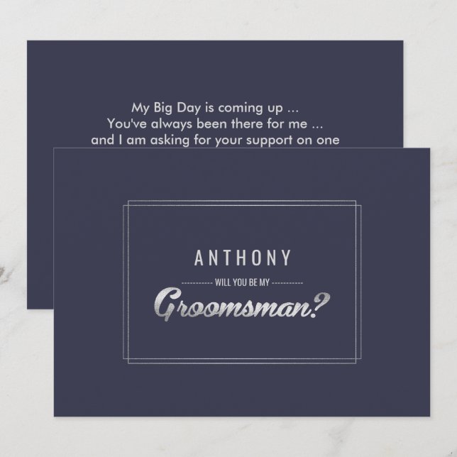 Invitación ¿Serás mi Groomsman? Boda Navy Blue Silver (Anverso / Reverso)