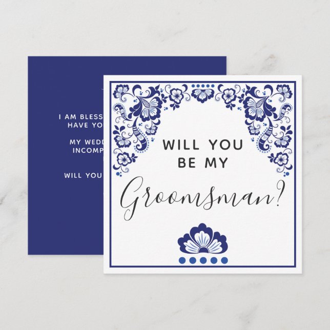 Invitación ¿Serás Mi Groomsman? Delfts Blauw Delft Blue (Anverso / Reverso)