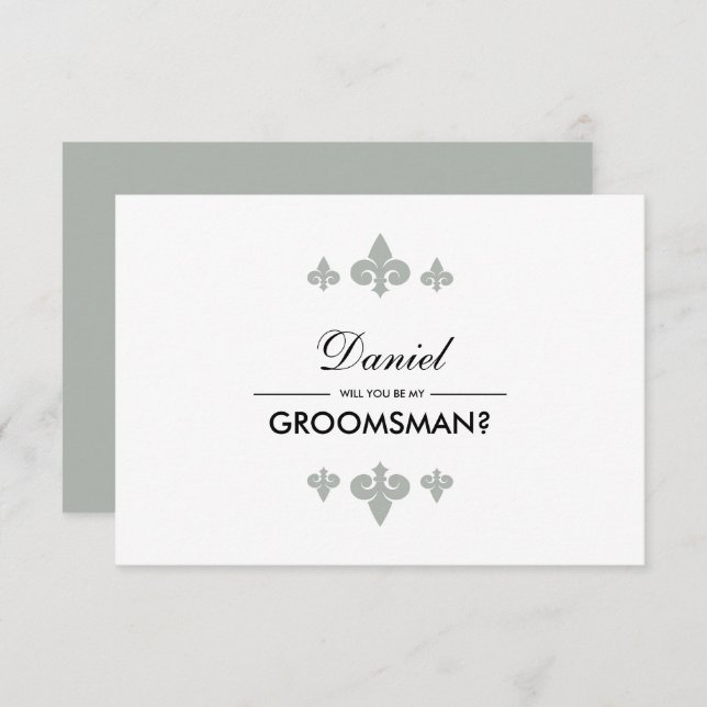 Invitación ¿Serás mi Groomsman? Fleur-de-lis Gray White (Anverso / Reverso)