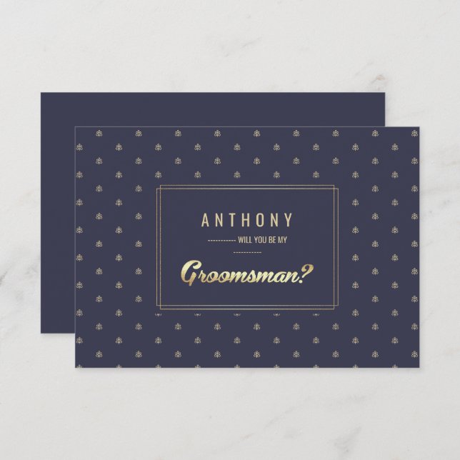 Invitación ¿Serás mi Groomsman? Oro azul marino (Anverso / Reverso)