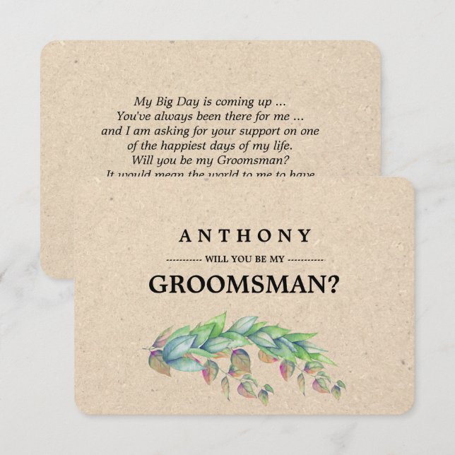 Invitación ¿Serás mi Groomsman? Papel Kraft botánico (Anverso / Reverso)