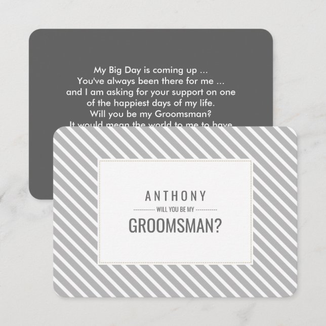 Invitación ¿Serás mi Groomsman? Patrón de bandas grises (Anverso / Reverso)